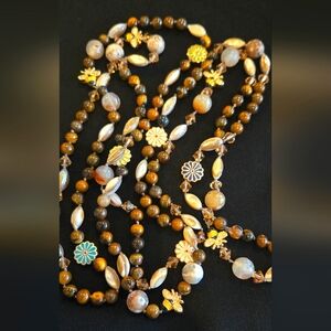 Super long, beaded necklace with tiger eye semi-precious stones